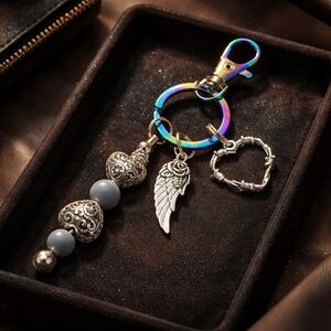 Over The Rainbow Barbed Heart and Angel Wing Bag Charm Keychain